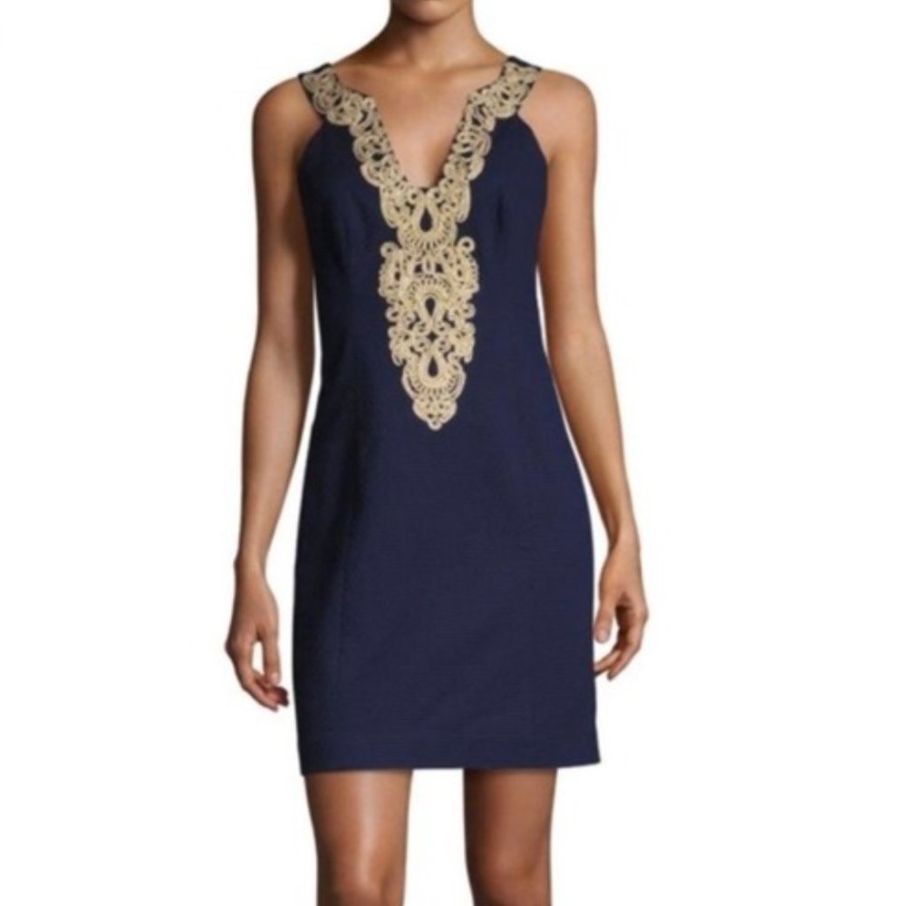 🔥Sales - Lilly Pulitzer Suzette Shift dress Navy gold detail - Size US 0